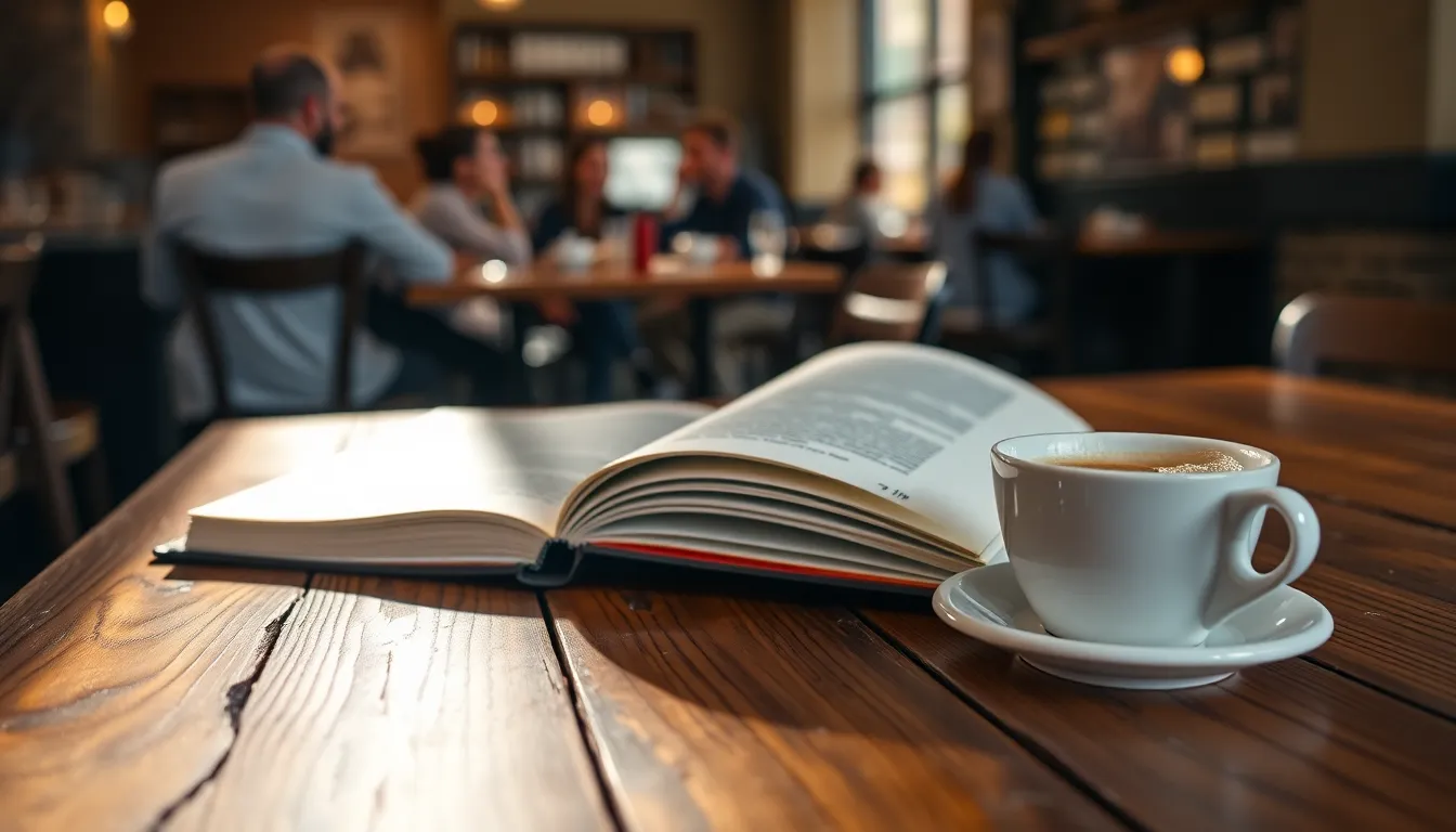 In a charming café, an open book lies on a rustic wooden table next to a steaming cup of coffee, inviting viewers into a warm and cozy atmosphere. Natural light filters through the windows, casting soft shadows and highlighting the book's delicate pages. Warm color tones create an inviting feeling, while soft textures of the table and coffee enhance the sensory experience. This scene captures the perfect blend of relaxation and the joy of reading in a tranquil setting.