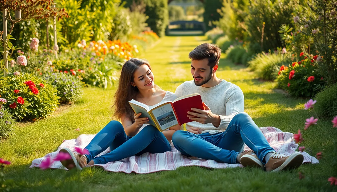 Couple Reading Together in a Garden A romantic scene of a young couple sitting on a cozy blanket in a sunlit garden, sharing a book together. The gentle afternoon light illuminates their joyful expressions and the colorful blooms around them. Leading lines from the garden paths guide the viewer’s eye to their intimate moment, while the vibrant color palette enhances the warmth of the setting. This photograph captures the joy of reading and connection in a beautiful outdoor environment.
