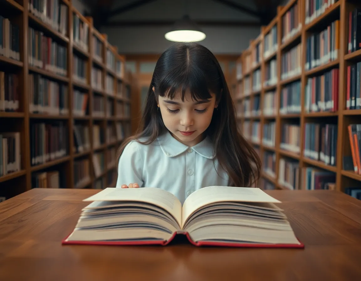 In a quaint library, a girl is blissfully lost in her book, surrounded by towering shelves of literature. The soft, diffused light from above highlights her focused expression, while the contrasting smooth finish of the wooden table draws attention to the well-worn pages of the book she holds. The muted color palette creates a serene ambiance, deepening the sense of peace within this literary haven. The symmetrical composition emphasizes the tranquil yet engaging atmosphere, inviting viewers to appreciate the joy of reading.