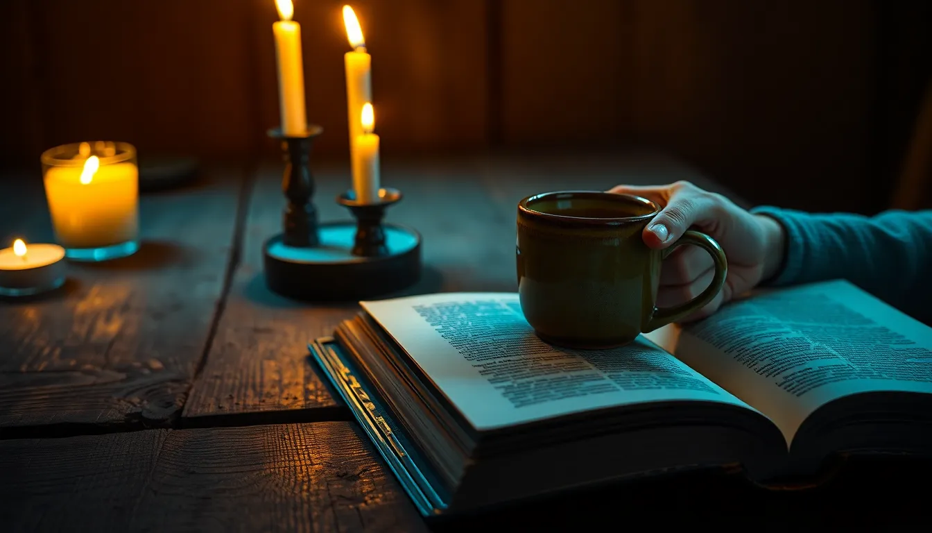 In a dimly lit setting, warm candlelight dances across a rustic wooden table filled with reading essentials—a well-loved book and a handmade mug. The intimate atmosphere is enhanced by the soft flicker of candlelight, inviting viewers to immerse themselves in the warmth of cozy evenings. This image beautifully captures the textures and details of the surroundings, ideal for lifestyle themes of comfort and relaxation.
