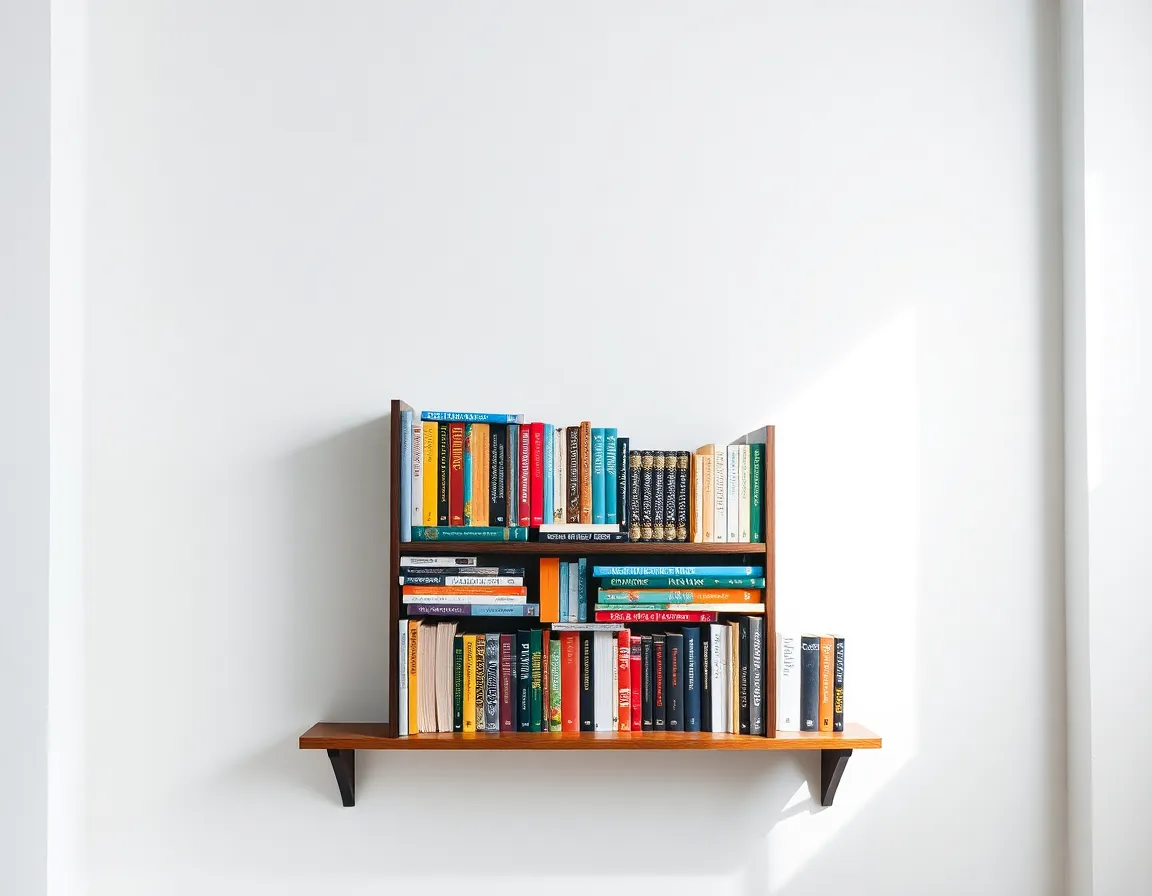 This modern composition showcases a stylish bookshelf filled with an eclectic mix of colorful books, set against a clean white wall. The three-point lighting setup highlights the vibrant covers while casting gentle shadows, creating a dynamic visual experience. The centered composition emphasizes the organized chaos of the bookshelf, inviting viewers to explore the stories within. Textural details of the book covers and wooden shelf add depth, enhancing the contemporary decor feel.