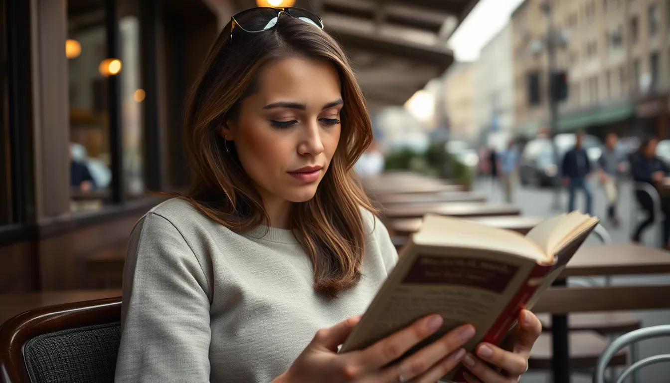 Woman Reading in Urban Café In a bustling urban café, a woman is deeply immersed in reading, illuminated by Rembrandt lighting that creates striking shadows on her face. The cool greys of the café's interior contrast with the soft browns of her surroundings, highlighting her focus and expression. Shallow depth of field enhances the intimacy of the moment, drawing viewers into her world of reading amid the urban hustle. This image captures the essence of literary escape in a modern environment.