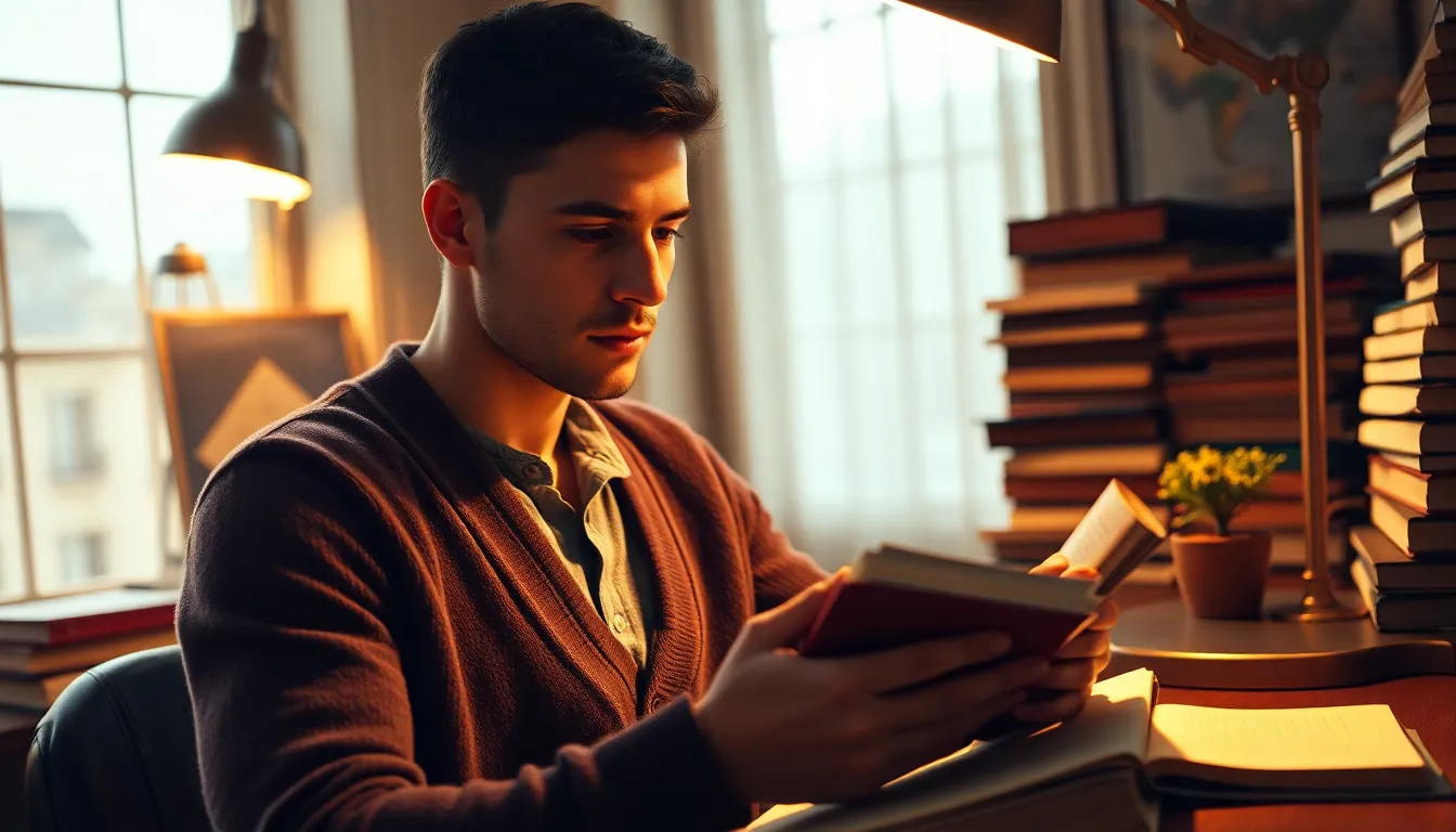 A young man sits at a vintage desk, absorbed in his reading under the warm light of a tungsten desk lamp. The scene captures a cozy atmosphere enriched by stacks of books and a small potted plant, while the Dutch angle adds a dynamic feel to the composition. His focused expression and stylish cardigan contrast beautifully with the vintage aesthetics, inviting viewers into this intimate reading moment.