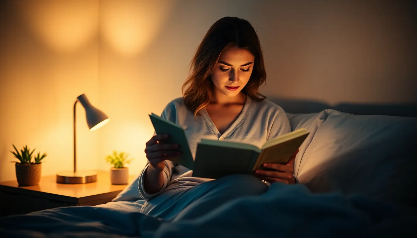 An intimate scene in a minimalistic bedroom showcases a woman in soft pajamas, absorbed in her novel as warm light from a bedside lamp envelops her. The soft shadows and rich textures create a cozy atmosphere, perfect for a relaxing evening. The contrasting deep blues and warm tones evoke a sense of calm and tranquility, while the carefully arranged bedside table enhances the inviting nature of the scene. This image encapsulates the comforting joy of personal reading time.