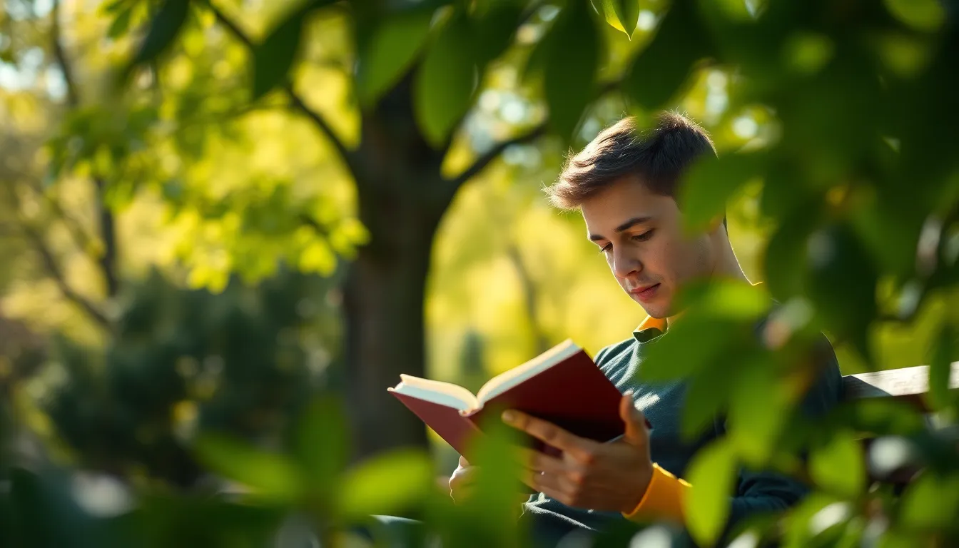 This candid photograph captures a peaceful moment of a reader enjoying a book on a park bench, framed by the vibrant greens of spring. Dappled sunlight creates enchanting bokeh effects around the subject, enhancing the scene's warmth and tranquility. The reader's reflective expression draws viewers in, while soft, natural colors celebrate the beauty of the outdoors. The use of framing through foliage invites the viewer to join this quiet moment of escape.