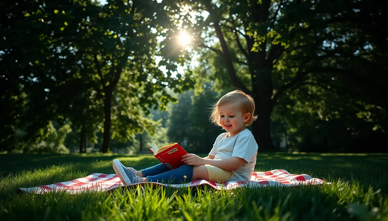 An elderly woman finds joy in reading on a park bench, surrounded by the soft glow of dappled sunlight filtering through tree leaves. Her floral dress adds a touch of color amidst a lush green backdrop, while the focus on her expressive face reveals a sense of calm and contentment. This scene captures the beauty of lifelong learning and the pleasure of solitary reading in nature.