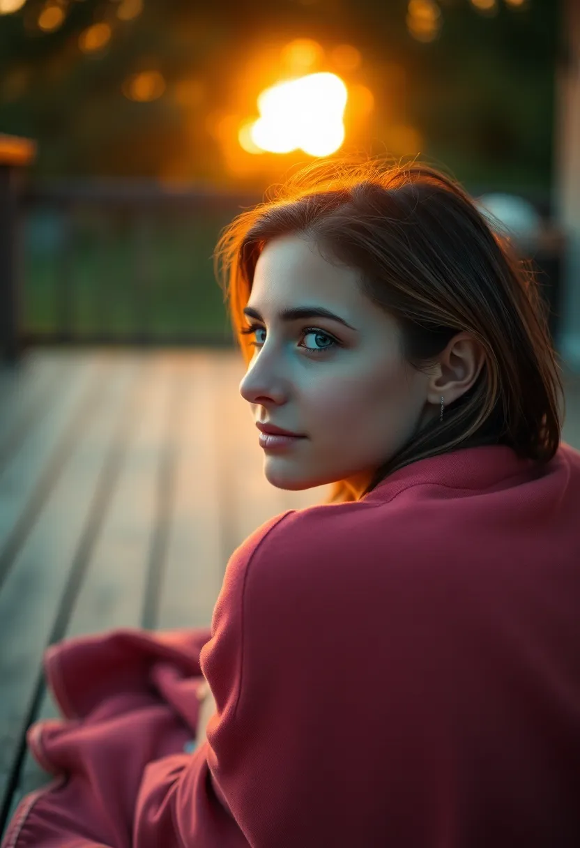 A young man sits on a wooden deck at sunset, absorbed in his book amidst a backdrop of warm golden light. The setting sun creates a halo effect around him, while soft fill light illuminates his features, drawing attention to his focused expression. The beautiful teal and orange color grading enhances the warmth of the moment, while the texture of the soft cotton blanket contrasts with the rustic wooden deck below. The composition, framed using the rule of thirds, adds dynamic tension to this peaceful reading scene.