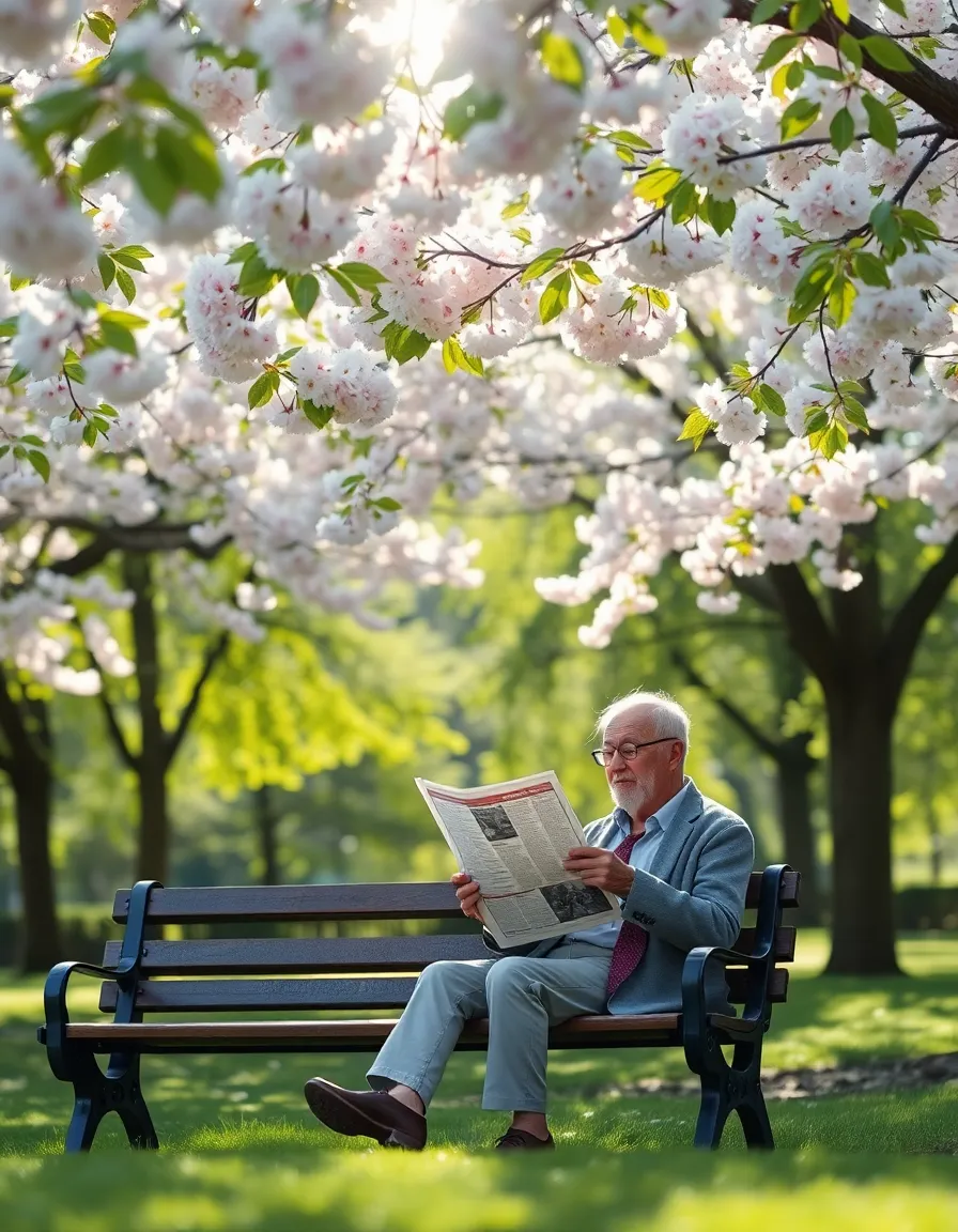 Elderly Man Reading in Cherry Blossom Park An elderly man enjoys a peaceful afternoon reading a newspaper on a park bench, surrounded by blooming cherry trees. Dappled sunlight filters through the leaves, creating enchanting patterns of light and shadow. The soft pastel color palette evokes tranquility, while clear details from foreground to background capture the essence of a serene moment in nature. This image beautifully showcases the joy of leisurely reading in a vibrant, floral setting.
