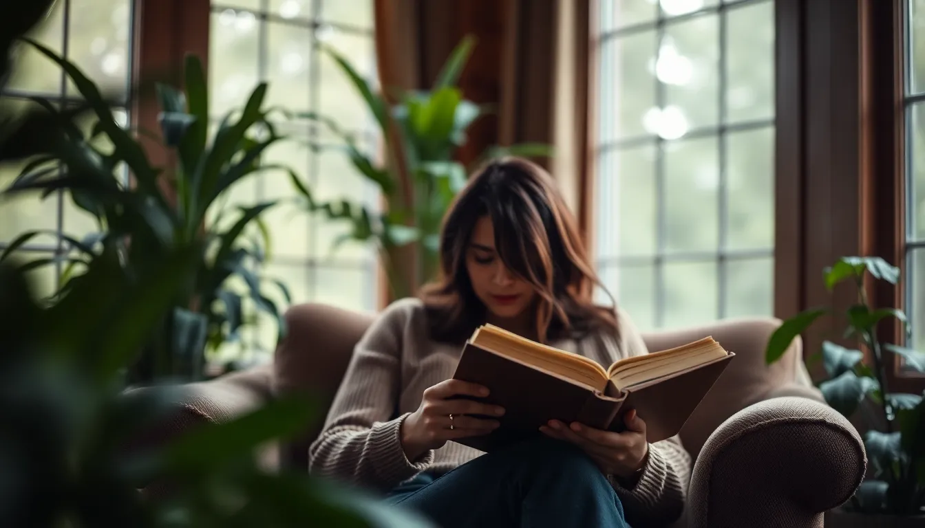 A serene reading nook features a young woman deeply engaged in a book while seated in a plush armchair. Natural light pours in through large windows, illuminating lush green plants and creating a tranquil atmosphere. The color palette embraces earthy greens and rich browns. The soft focus draws attention to the reader, enhancing the cozy vibe of the scene.