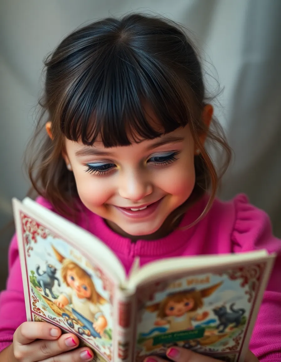 A young girl eagerly reads a fantasy book, her face illuminated with curiosity and joy. The soft, studio lighting highlights her features and creates inviting catchlights in her eyes. The vivid colors enrich the whimsical scene, while the shallow depth of field draws focus to her enchanting expression and the colorful book cover.