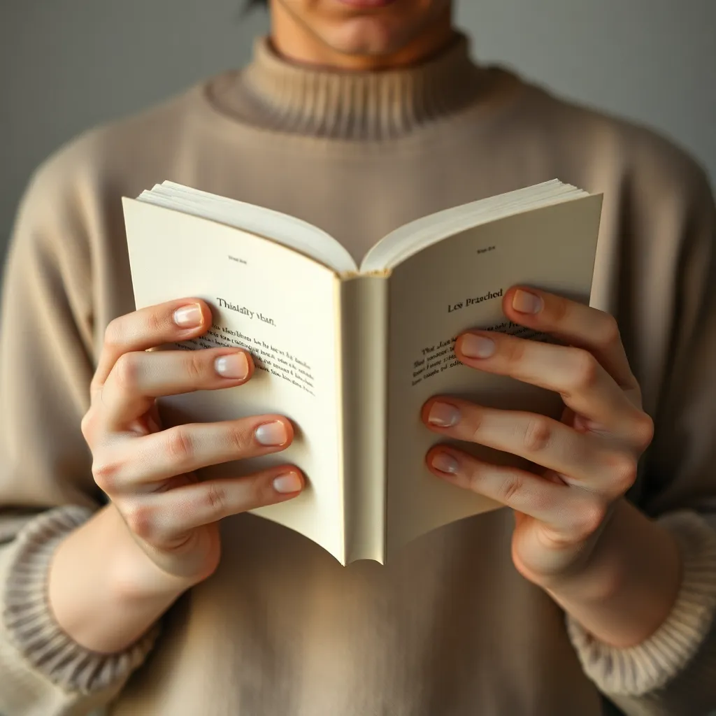 Close-up of Hands Reading a Book An intimate close-up reveals a person's hands gently holding an open book, with the cover and pages in sharp focus. The studio lighting illuminates the natural textures of the hands and the book, creating a soft yet striking contrast against a muted background. This composition draws attention to the tactile experience of reading, encapsulating the beauty of literature in a moment of quiet reflection.
