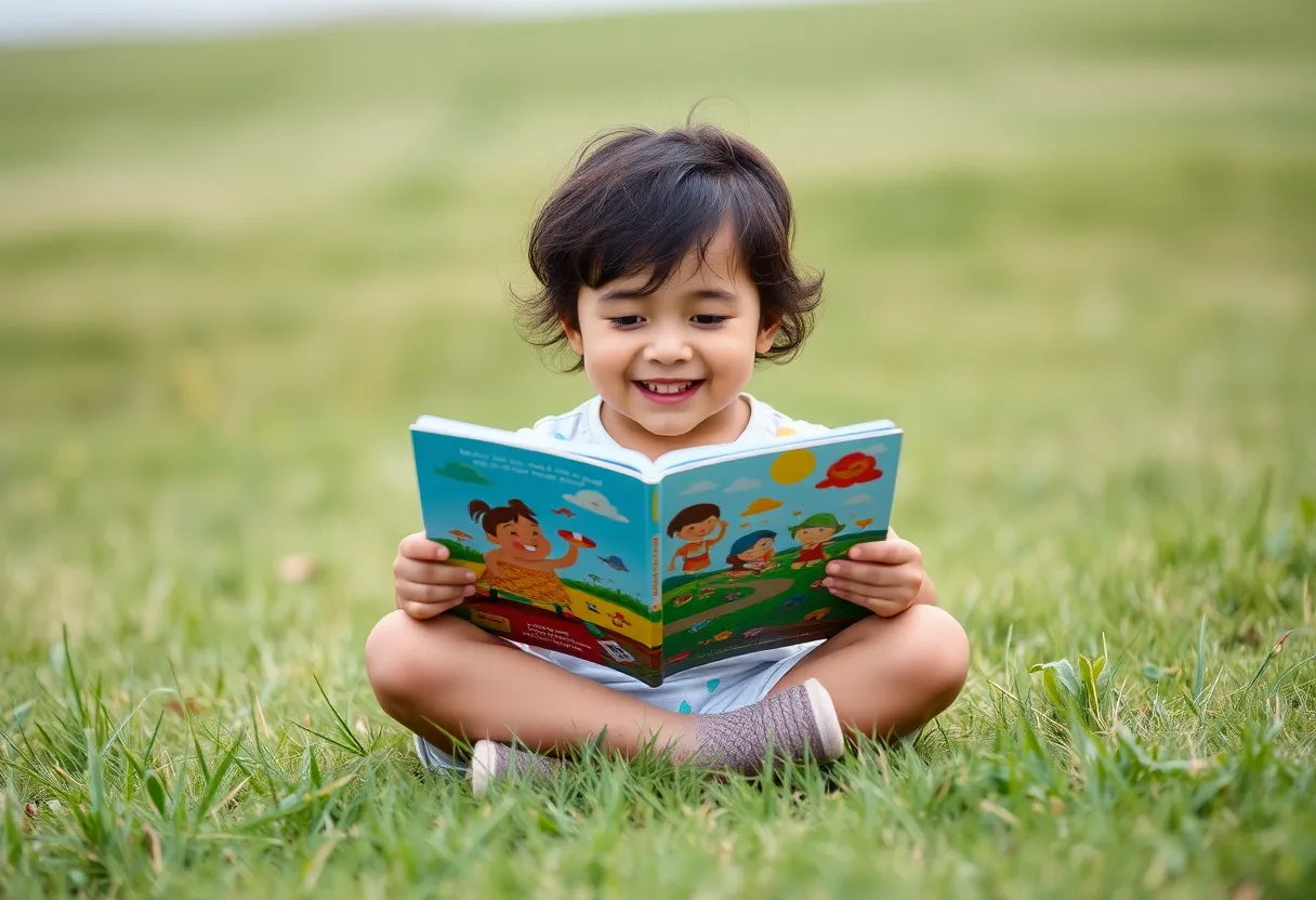 Child Reading in the Meadow A delightful image of a child happily reading a picture book while sitting cross-legged in a lush green meadow. The soft, cloudy light brings out the vivid colors of the book, creating a beautiful contrast with the natural setting. The focus is on the child's joyful expression, evoking feelings of innocence and curiosity. This scene captures the magic of reading in a peaceful outdoor environment, inspiring imagination and creativity.