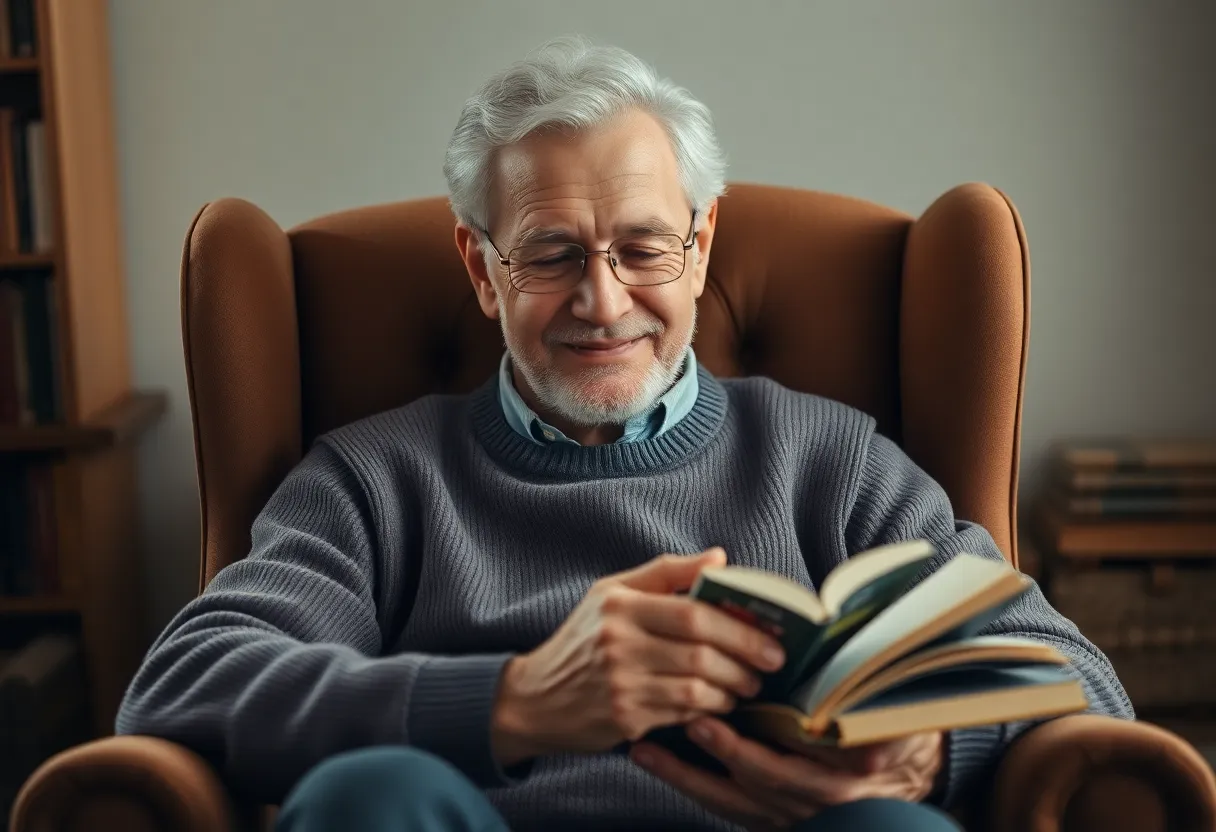 Elderly Man Reading at Home In a cozy corner of his home, an elderly man is captured reading in an inviting armchair, a warm smile on his face. Surrounded by shelves filled with books, the warm light creates a peaceful atmosphere that beckons readers to pause and appreciate the written word. The soft textures of his sweater and the well-loved books add character to the scene, evoking feelings of nostalgia and comfort. This image embodies the joy of reading and the tranquility it brings.