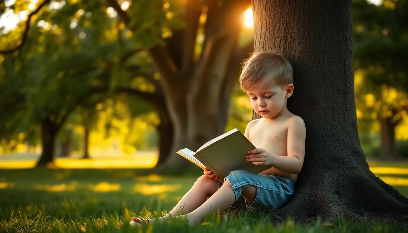 A child sits against a tree, immersed in a book as golden sunlight filters through the canopy above. The scene captures a magical moment in nature, where dappled light dances across the ground, enhancing the serene atmosphere. Textures of the rough tree bark and the child’s denim shorts create a tactile contrast, while the blurred background adds to the depth and whimsy of the image. This inviting scene encapsulates the joy and tranquility of reading outdoors.