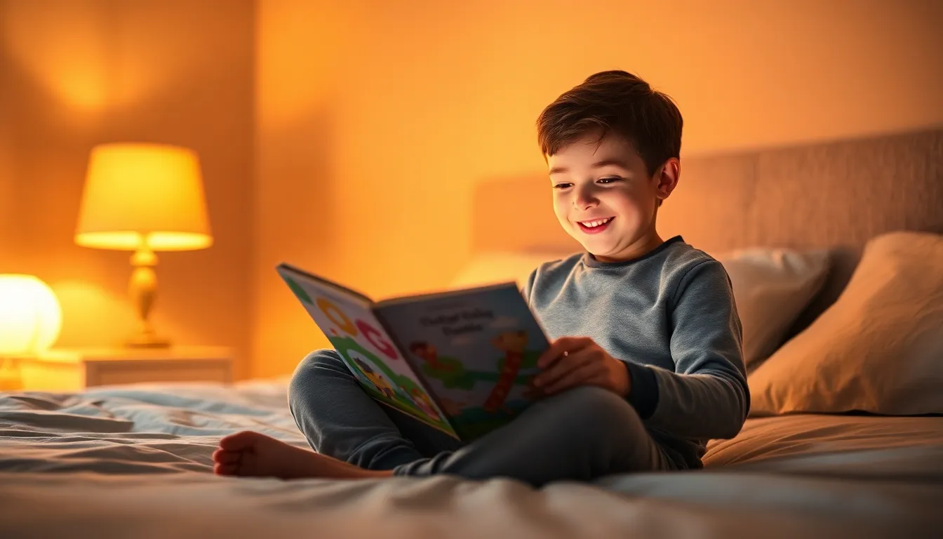 In this heartwarming bedroom scene, a young boy dressed in snug pajamas is seated cross-legged on his bed, transfixed by the vibrant illustrations of a picture book. The warm glow from a nearby lamp bathes the space in cozy light, enhancing the intimate atmosphere. The shallow depth of field beautifully emphasizes his joyful expression, creating a striking focus on the moment. This image captures the essence of childhood wonder and the magic of reading.