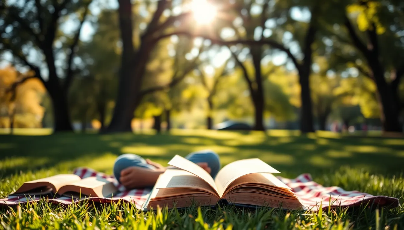 In this vibrant scene, an individual sits cross-legged on a bright picnic blanket under a lush tree canopy, deeply engrossed in a book. Dappled sunlight filters through the leaves, casting playful patterns of light and shadow across the page. A few other open books surround them, enhancing the narrative of leisurely reading in nature. The rich greens and earthy browns create a harmonious connection with the outdoors, inviting the viewer to share in this tranquil moment.