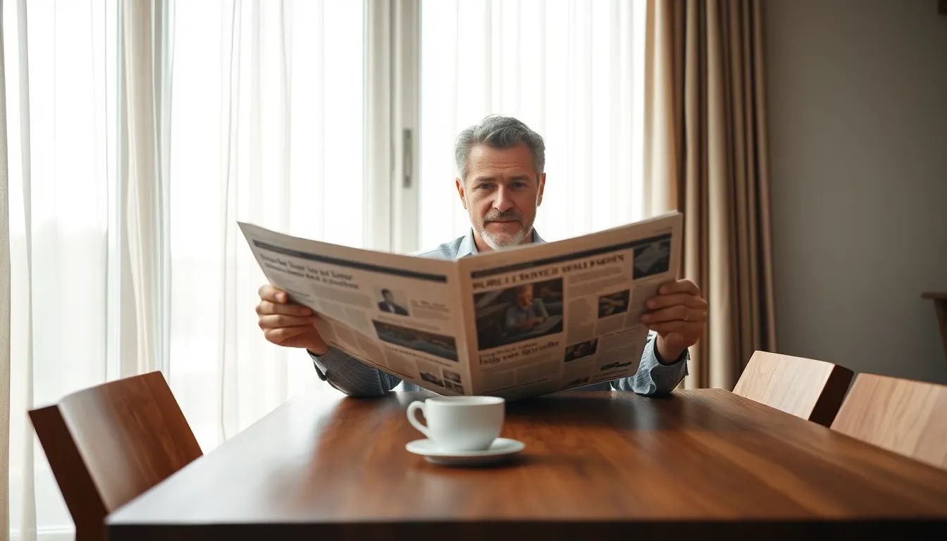 A middle-aged man enjoys his morning routine, reading a newspaper while sipping coffee at a modern wooden dining table. The soft, diffused daylight from the overcast sky filters through sheer curtains, creating an inviting atmosphere. The sharp focus captures not only his attentive expression but also the textures of the newspaper and the warm wooden surface. This scene reflects a calm and contemplative morning, perfect for lifestyle themes.