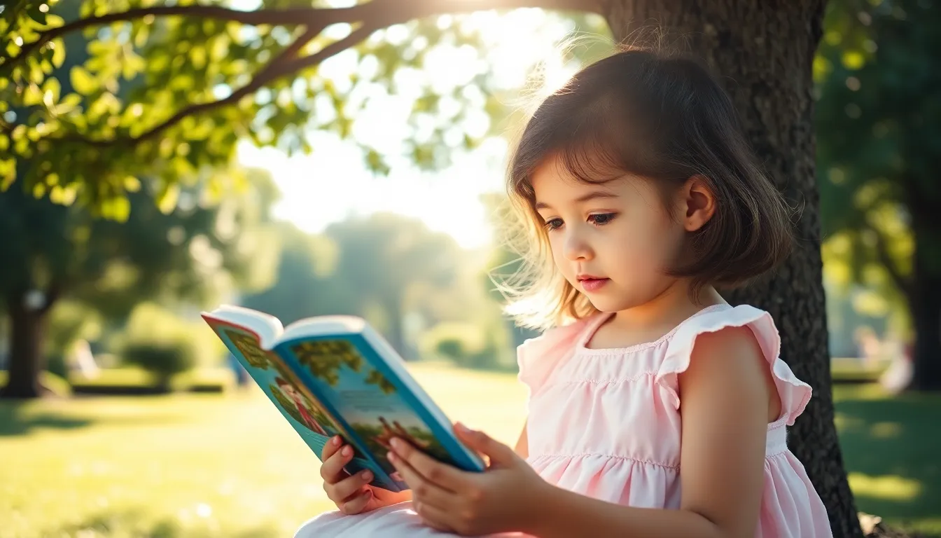 A young girl sits beneath a sprawling tree, engrossed in her storybook. Sunlight filters through the leaves, creating a dappled light effect on her face and dress. The vibrant colors of the surrounding nature evoke a sense of joy and innocence. With a shallow depth of field, the lush green background melts away into a soft blur, emphasizing her concentration and delight in reading. This scene captures the essence of childhood and the magic of storytelling.