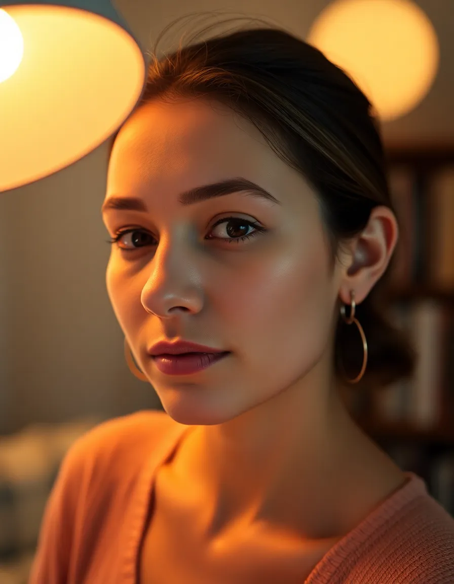 In this serene reading nook, a young woman is engrossed in a book, with warm light from a desk lamp casting a gentle glow on her face. The room's ambiance is enhanced by bookshelves filled with colorful volumes, creating a cozy atmosphere perfect for reading. The shallow depth of field blurs the background, ensuring the focus remains on her thoughtful expression and the textures of her soft knit sweater and natural skin. The warm, inviting color palette adds to the overall intimate mood.