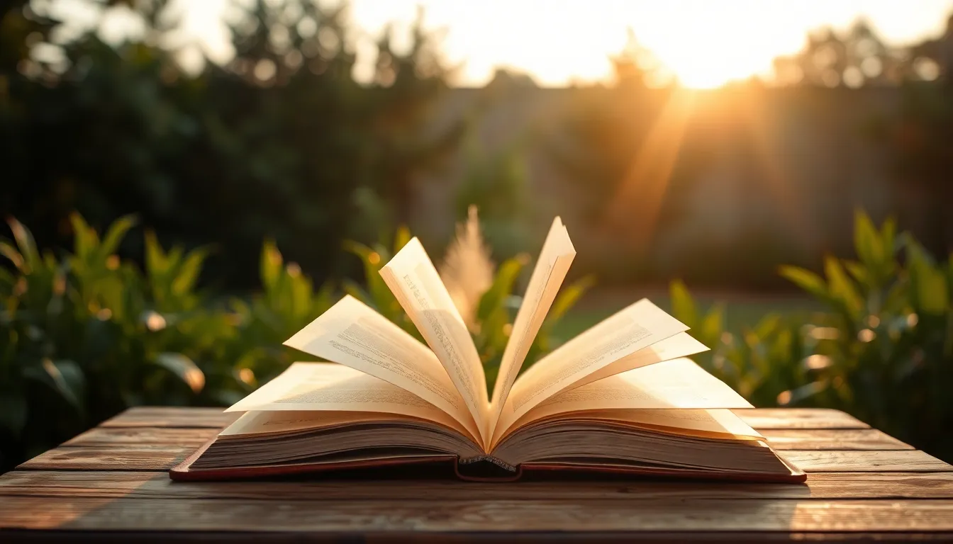 An open book rests on a rustic wooden table, its pages fluttering slightly in the breeze. Surrounding the scene is lush garden greenery, illuminated by the soft glow of golden hour. The warm tones create a peaceful and inviting setting, perfect for reading outdoors. The intricate details of the book and the natural textures of the table are beautifully captured, encouraging a connection with nature and the joy of literature. This image embodies the serenity of reading amidst nature.