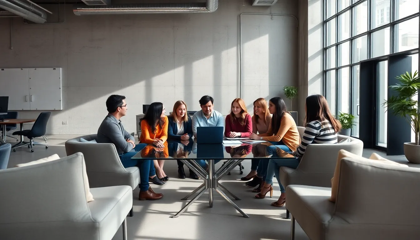 This dynamic image features a diverse group of professionals engaged in a spirited discussion at a modern coworking space. The setting, washed in soft daylight, emphasizes the contemporary design characterized by minimalist decor and textures like concrete and glass. The sharp focus on all elements reflects a collaborative spirit, ideal for portraying teamwork in remote work environments. The arrangement encourages a sense of unity and vibrancy among the participants.