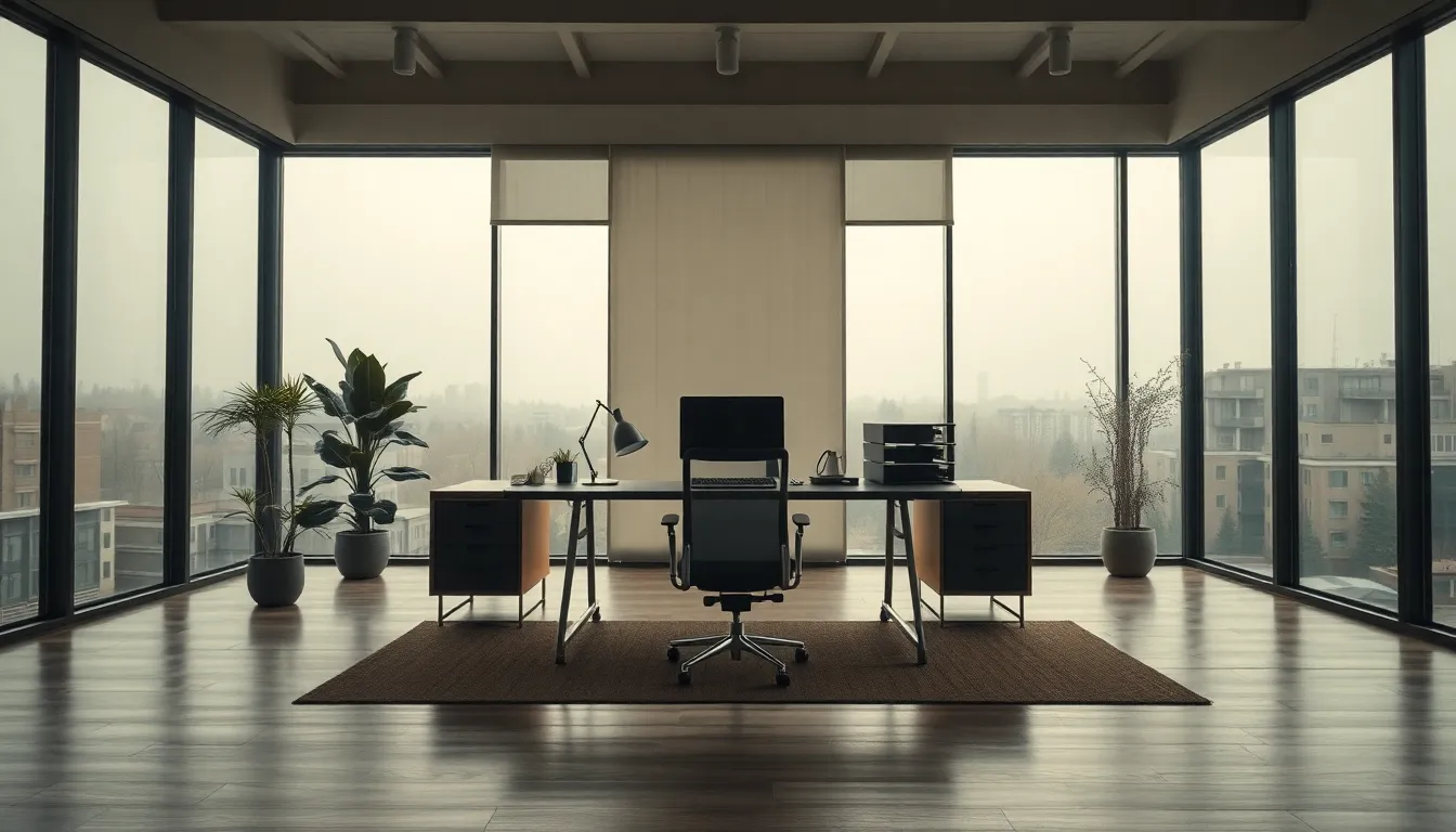 A modern minimalist workspace bathed in soft, diffused daylight, showcasing a sleek desk and ergonomic chair. The symmetrical composition draws attention to the clean lines and uncluttered environment, promoting a sense of focus and tranquility. The natural muted tones of the decor blend harmoniously, making it an ideal setting for creative and productive remote work.