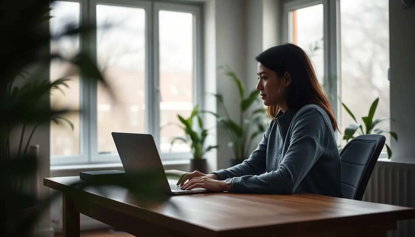 A serene home office scene featuring a young professional sitting at a minimalist wooden desk, immersed in remote work. The soft overcast light filters through large windows, creating a calm and focused atmosphere. Vibrant green indoor plants add life to the space, while the subject's expression conveys concentration. The cool color palette combines grays and greens, enhancing the modern aesthetic.