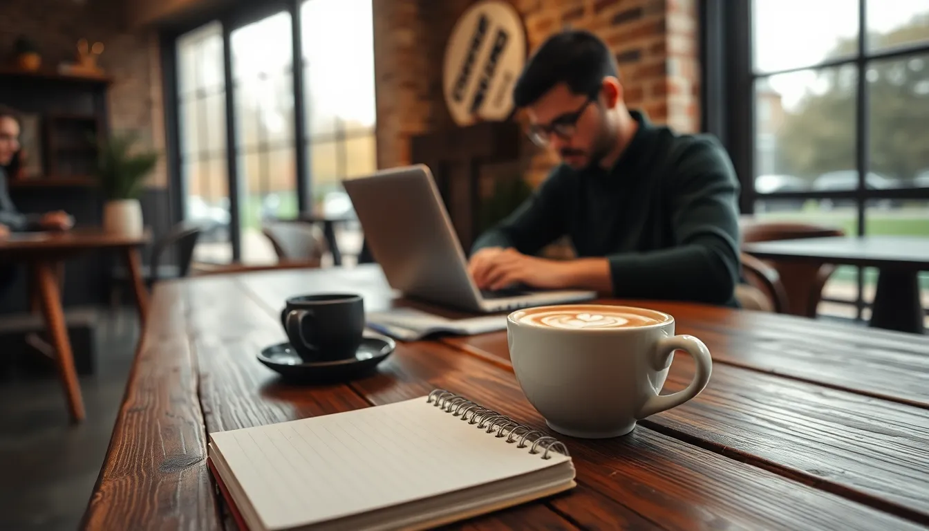 A bustling café scene showcasing a young woman engaged in remote work, surrounded by the inviting atmosphere of coffee aroma and soft chatter. The image captures a beautifully arranged table with a latte and an open notebook, emphasizing the blend of work and relaxation. Natural light softly illuminates the surroundings, enhancing the earthy tones and textures of wood and ceramic. This image perfectly represents the modern remote working culture in relaxed environments.