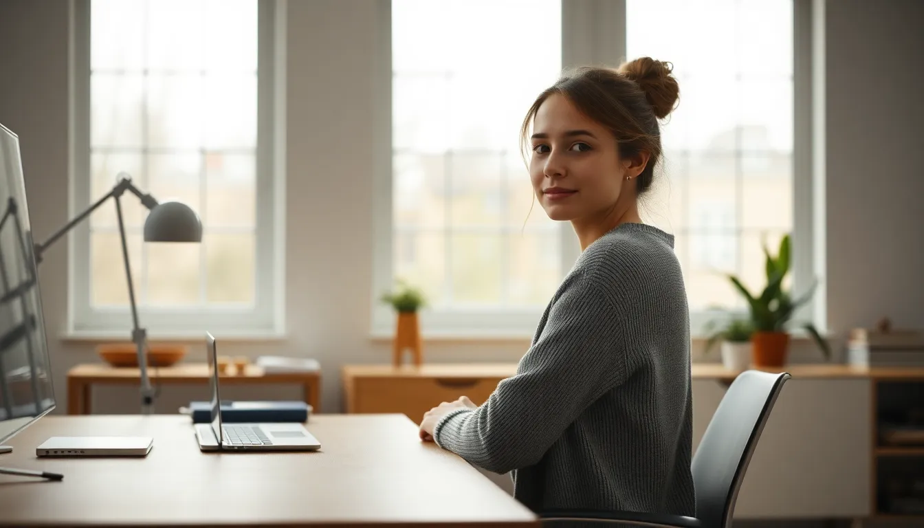 Home Office Setup with Natural Light A young woman works at her minimalist desk in a cozy home office. The soft, diffused daylight filters through large windows, casting gentle shadows. She is wearing a cozy sweater, with her laptop open and a notepad beside her, creating a warm and inviting workspace. The neutral color palette enhances the tranquil atmosphere, emphasizing focus and productivity.