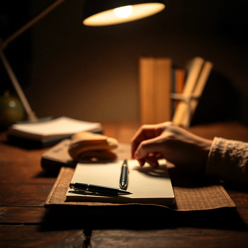 A close-up shot of hands jotting notes in a textured notebook on a rustic wooden table. The warm glow from a tungsten desk lamp highlights the details of the hands and pen while the background gently dissolves into bokeh. This intimate perspective captures the essence of focused remote work, emphasizing the tactile nature of writing and study.