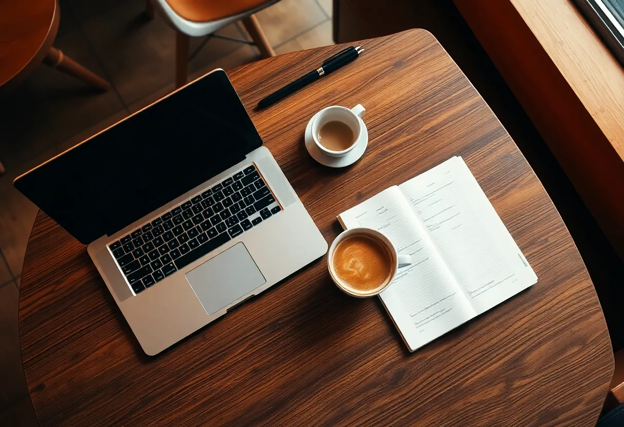 An inviting overhead view of a café table set up for remote work featuring a laptop, an open notebook, and a steaming cup of coffee. The warm café lighting enhances the cozy atmosphere, while a shallow depth of field focuses on the essentials of productivity. Rich browns and warm yellows create a harmonious color palette, with the textured wooden table adding depth. This image encapsulates the lively spirit of working remotely in a café setting.