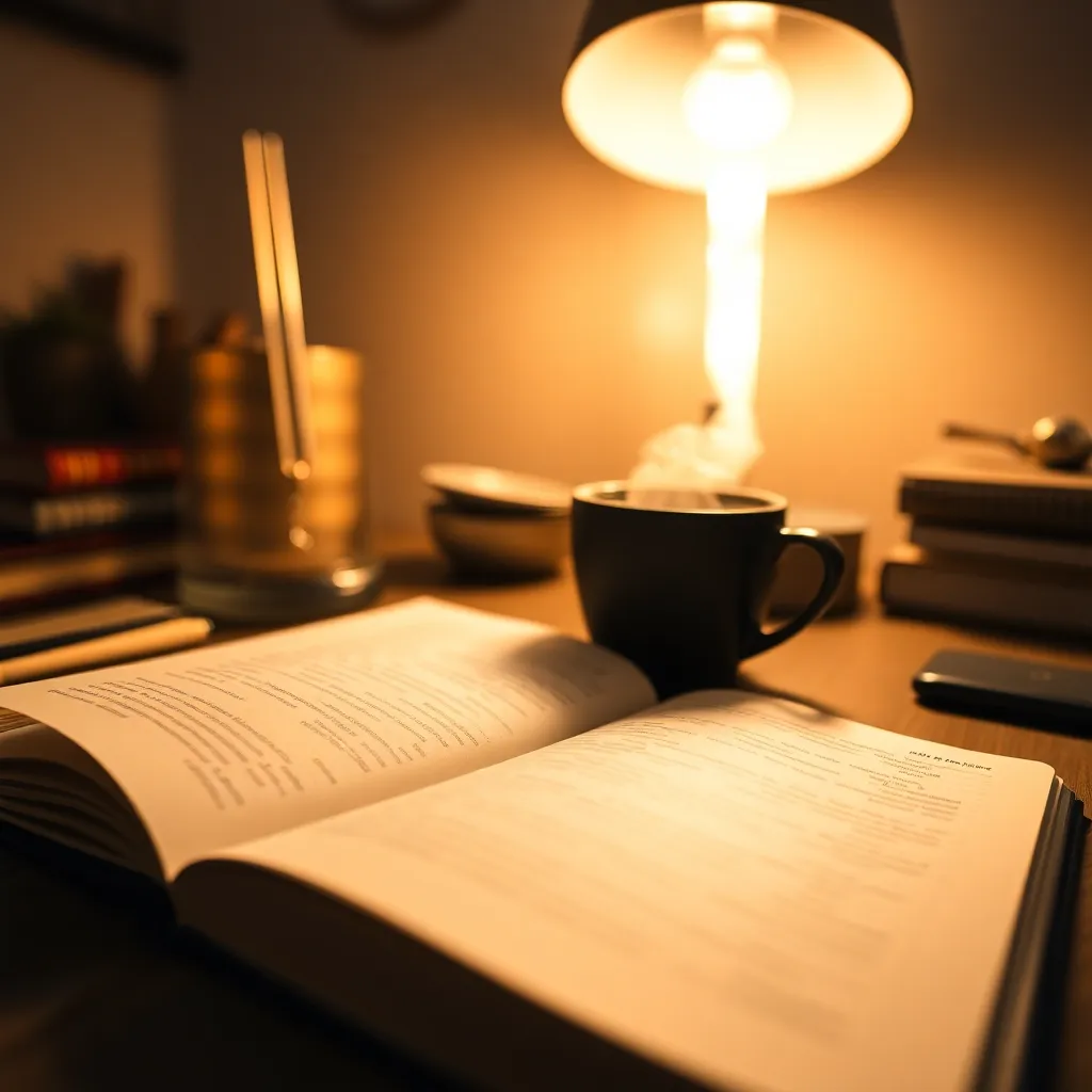 This close-up image showcases a meticulously arranged workspace, featuring an open notebook and a steaming cup of coffee, illuminated by warm tungsten light. The cozy atmosphere invites productivity, with soft tones creating a relaxed yet focused ambiance. The captivating textures of the notebook pages and the smooth coffee surface draw the viewer in, encapsulating the essence of remote work comfort.