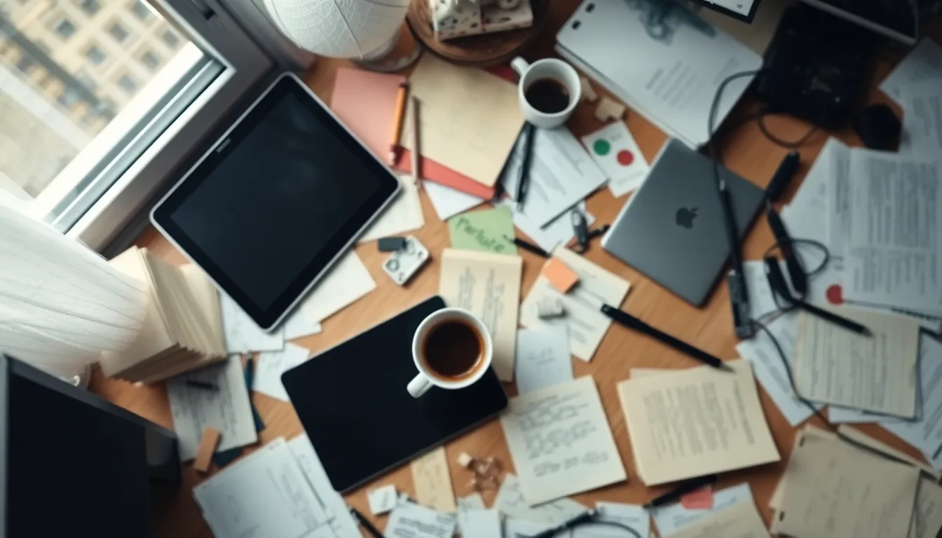 This engaging top-down composition reveals a busy remote work desk filled with scattered notes, a steaming coffee cup, and a digital tablet. The overcast daylight offers soft, even illumination that brings out the subtle textures of paper and ceramic. With a shallow depth of field, the image beautifully contrasts the clarity of the foreground clutter against a gently blurred background, capturing the essence of creativity amidst chaos in a remote working environment.