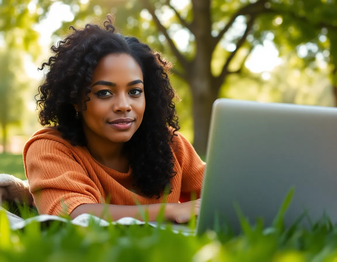 An inspiring scene of a remote worker sitting on a blanket in a lush green park, immersed in their work. Dappled sunlight filters through the tree branches above, casting enchanting bokeh around the subject. The natural and muted color palette evokes a sense of tranquility and connection with nature. This image beautifully captures the harmony of productivity and the outdoors.