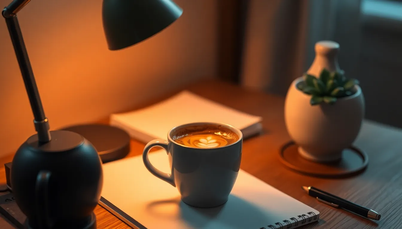 A cozy workstation scene capturing a beautifully crafted coffee cup with intricate latte art, surrounded by a notepad and a decorative plant. The warm glow from a desk lamp enhances the inviting atmosphere, while the muted colors create a soothing vibe perfect for a break during remote work. The symmetrical composition adds a sense of balance and calm to the image.