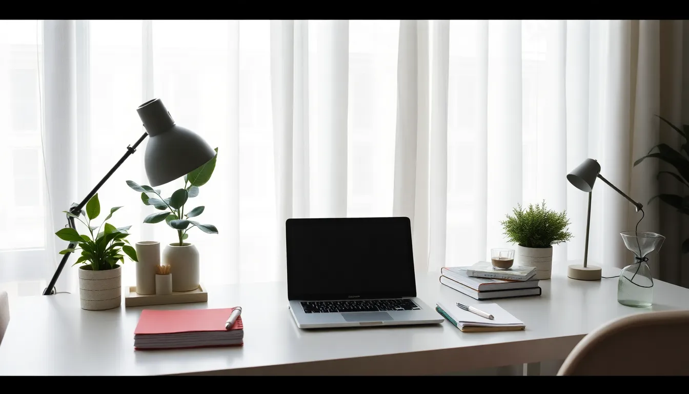 A beautifully organized home office desk featuring a laptop, notebooks, and stylish decorations, all bathed in soft, overcast daylight. The scene embodies a minimalist aesthetic with natural muted tones and subtle touches of greenery, creating a calming workspace. The hyper-focus captures every detail, ensuring a sharp representation of the tranquil environment. The thoughtful composition draws the viewer into the serene atmosphere of remote work.