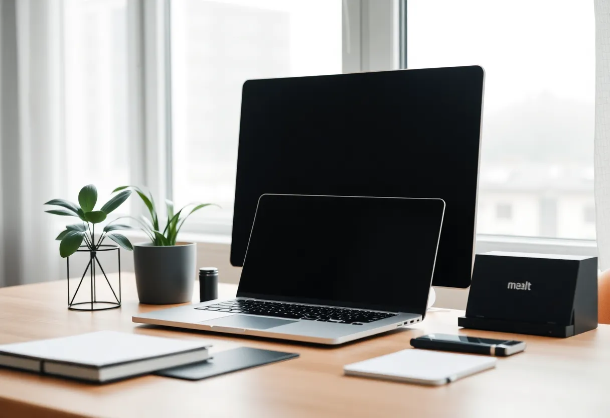 This image illustrates a meticulously organized desk setup, showcasing a modern laptop alongside elegant stationery and a minimalistic plant. Soft overcast light streaming through a window enhances the tranquil vibe of the workspace. The thoughtful arrangement emphasizes functionality while maintaining aesthetic appeal, making it an ideal representation of focused remote work environments. The composition invites the viewer to appreciate the details and harmony of the setup.