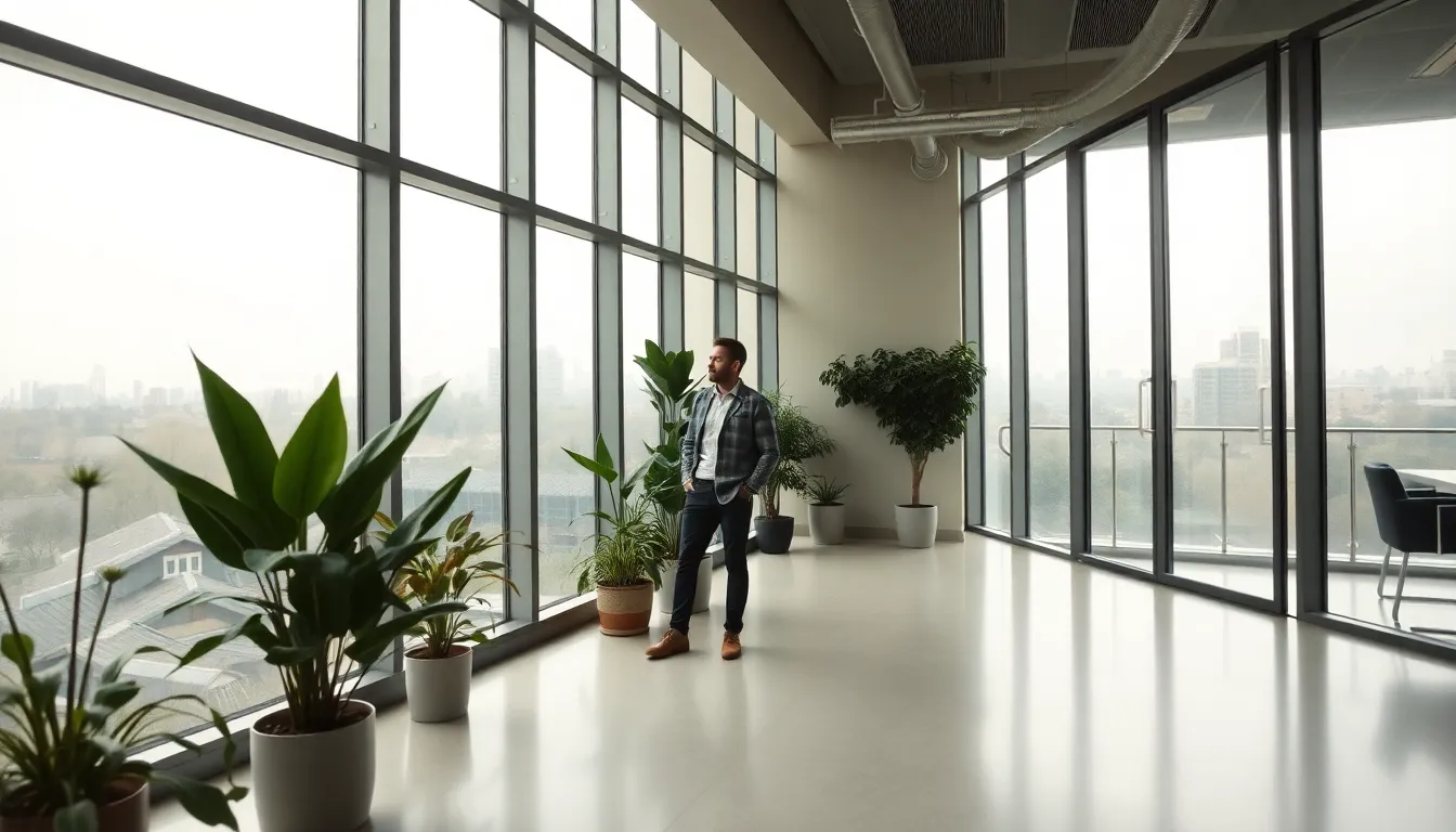 A modern office space bathed in soft, natural light from large windows, showcasing a remote worker standing amidst lush greenery. The composition follows the rule of thirds, leading the eye to the vibrant plants and clean lines of the contemporary decor. The muted tones create a serene ambiance that promotes focus and creativity.
