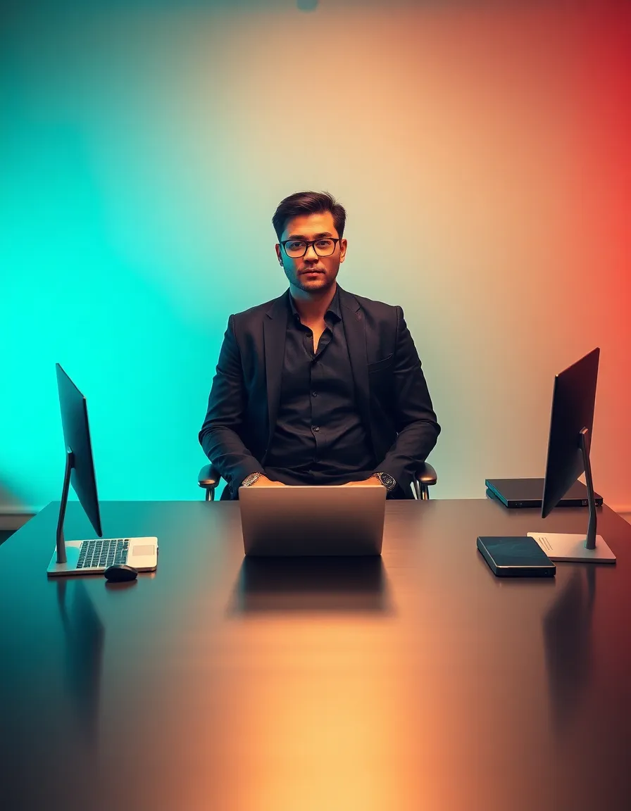 A polished studio portrait featuring a stylishly dressed remote professional seated at a sleek desk equipped with modern digital tools. The soft, even lighting emphasizes their confident expression, while the teal and orange color grading enhances the contemporary feel of the image. The brushed aluminum surface of the desk adds a touch of sophistication, setting a professional tone for remote work.