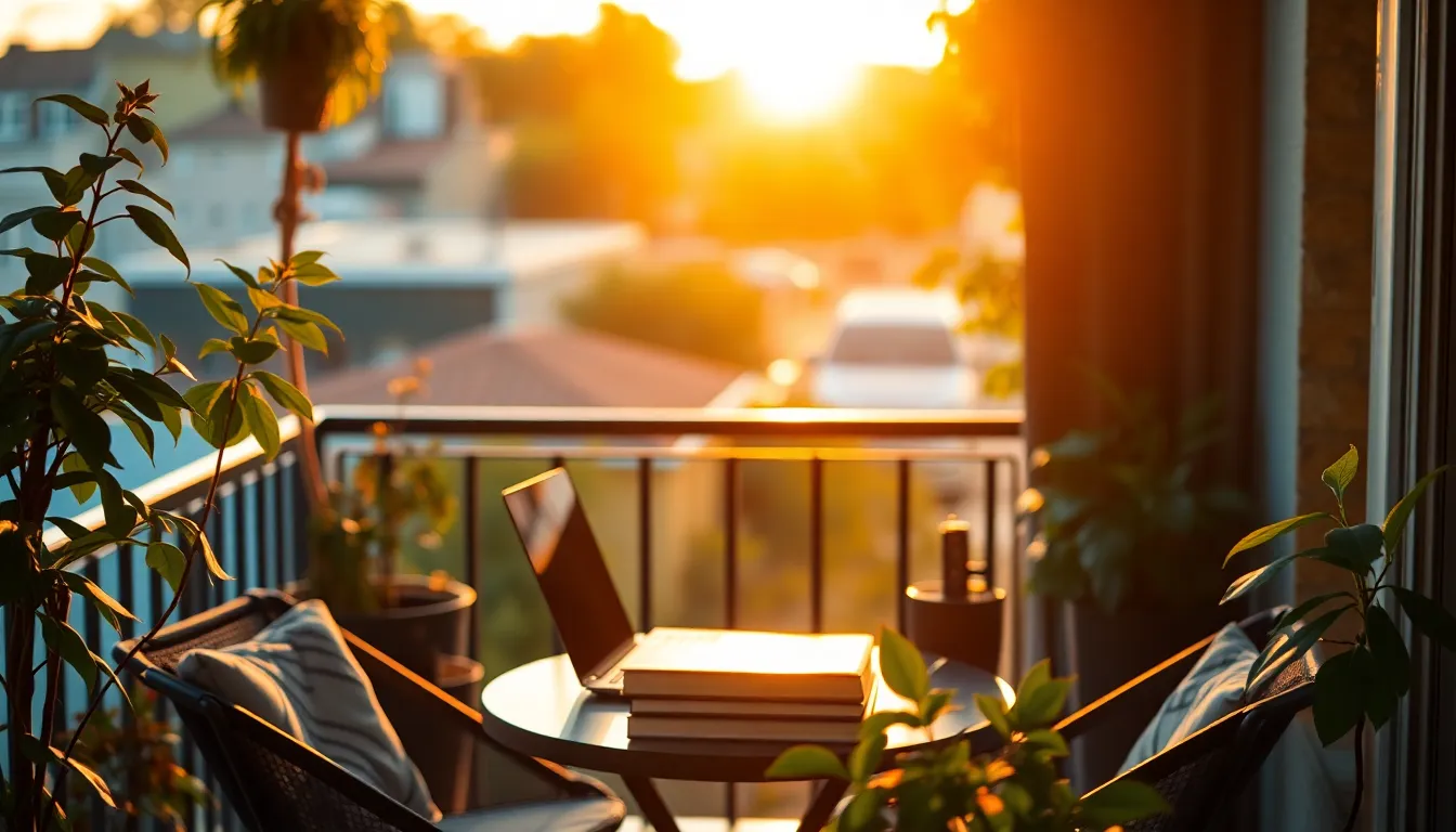 Cozy Balcony Workspace at Golden Hour This inviting scene showcases a cozy balcony workspace basking in golden hour light. The warm rim light creates a beautiful halo around the setup, emphasizing the sleek laptop and a stack of books on a small table, surrounded by cascading plants. The shallow depth of field enhances the tranquil atmosphere, while vivid saturated colors bring the space to life. This image embodies the ideal remote work environment filled with warmth and charm.