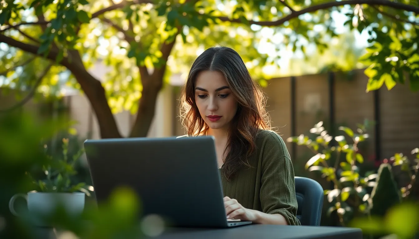 This captivating image depicts a woman working remotely in a serene garden, framed by a lush, dappled sunlight backdrop. The vibrant greens and warm tones create a peaceful yet productive ambiance. Her focused expression and natural surroundings epitomize the harmony of nature and work life. The selective focus draws the eye to her determined gaze while the soft bokeh provides a calming context that enhances the idyllic remote work scenario.