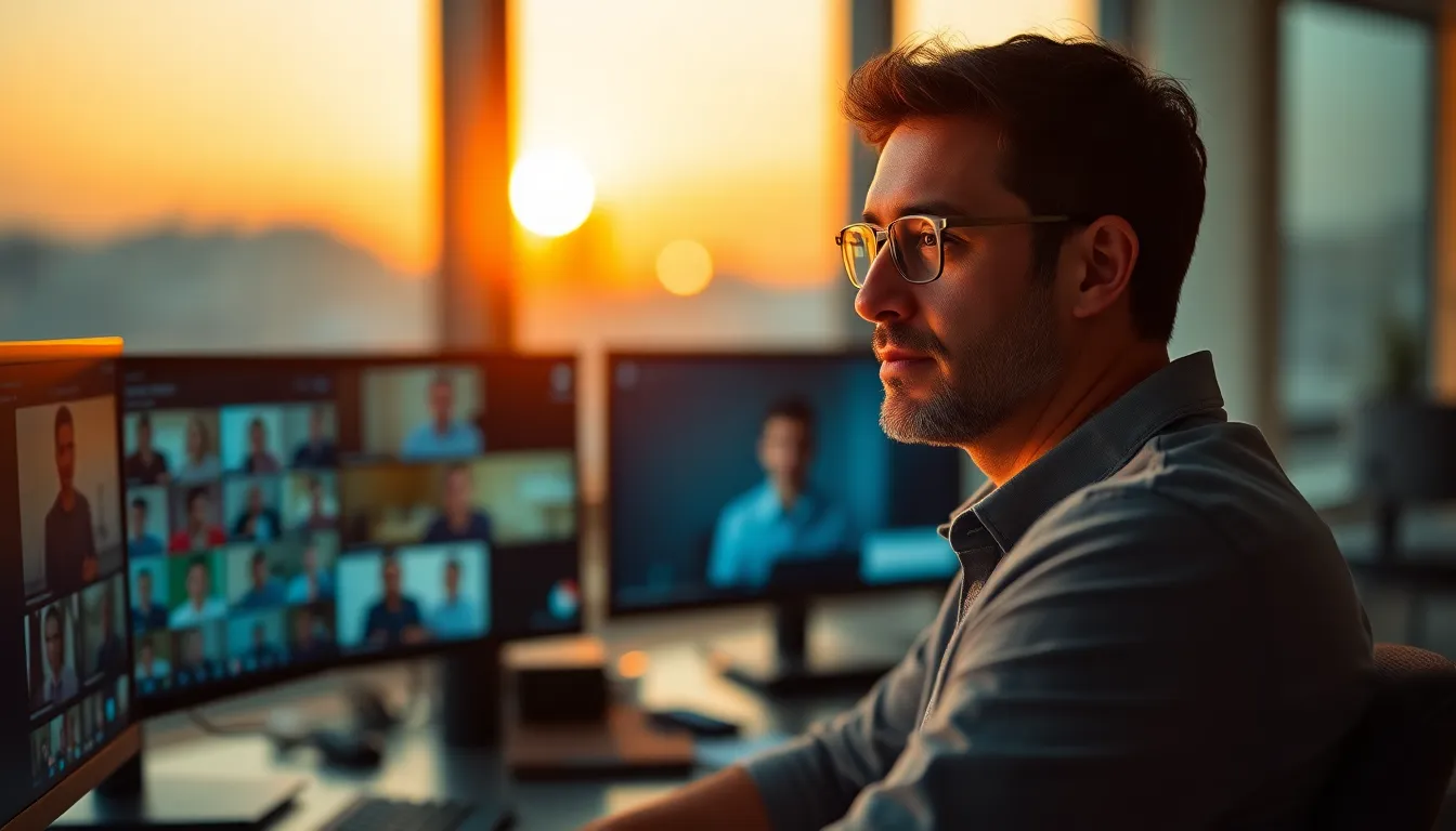 A breathtaking view of a remote worker standing on a balcony at sunset, gazing out over a vibrant cityscape. The golden hour light creates a warm rim around the subject, enhancing the serene mood. Deep orange and blue hues create a beautiful contrast, while the textured stone of the balcony adds character to the scene. This image captures the essence of remote work in a picturesque setting.