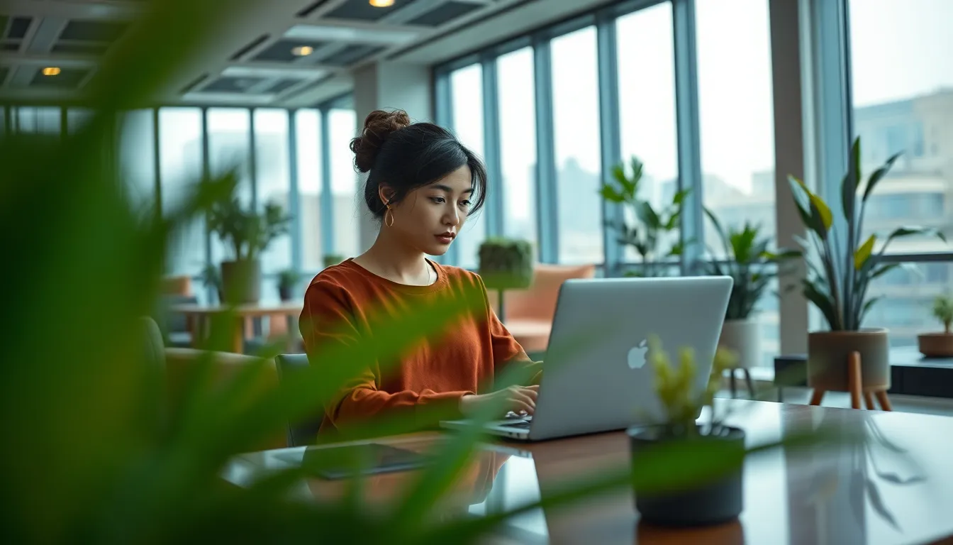 An expansive modern office with floor-to-ceiling windows showcasing a lush green landscape outside. The overcast light creates a calm and productive atmosphere, enhancing the richness of colors with a soft gray backdrop. Bright reflections in the glass juxtapose the serene view, creating a sense of connection to nature while working remotely.