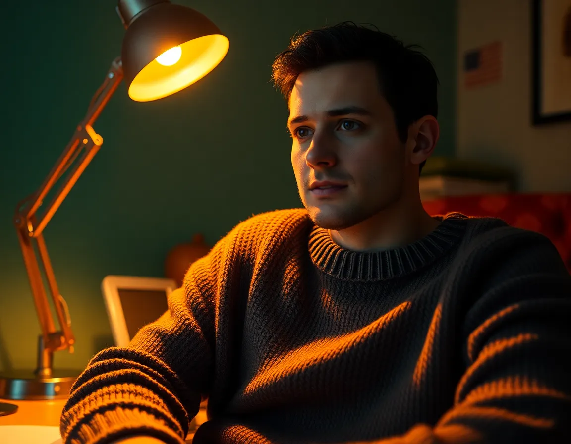 A remote worker is captured in a vintage-inspired living room, illuminated by a warm tungsten lamp. The rich colors and textures create a cozy ambiance, making it feel like a retreat. The warm and inviting environment contrasts with the cool shades of teal and orange, creating visual interest. Leading lines draw the viewer's eye towards the subject immersed in their work.