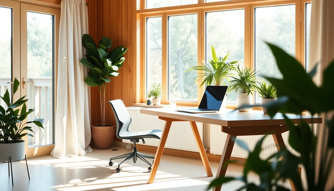 This image captures a serene home office setup, featuring a sleek desk with a laptop and a comfortable chair. Natural light floods the space through large windows, highlighting the warmth of wood and greenery. The scene embodies a tranquil work environment, ideal for remote professionals. The soft bokeh in the background enhances the focus on the workspace, making it perfect for conveying productivity and comfort.