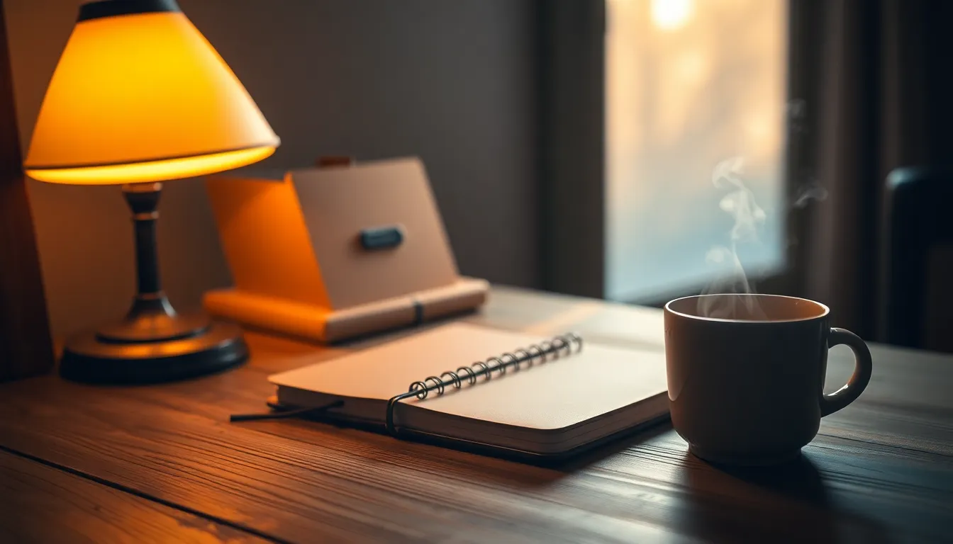Cozy Remote Work Setup with Coffee This intimate scene showcases a cozy remote work setup featuring a leather-bound notebook and a steaming coffee cup on a textured wooden desk. The warm tungsten lighting creates a welcoming atmosphere, while soft bokeh in the background emphasizes the focus on the workspace. Natural muted tones enhance the calm and relaxed mood, making it ideal for portraying the essence of remote working. Sunlight peeking through the window adds a touch of warmth.