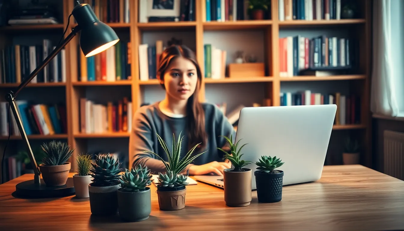 This image captures a cozy remote work setup featuring a young woman engaged in her work at a stylish wooden desk. The warm tones from the tungsten lamp provide a relaxed atmosphere, enhancing the natural colors of the potted succulents. Soft focus on the bookshelf in the background emphasizes her concentration, creating a peaceful, inspiring workspace. The rich textures of the desk and plants add to the overall inviting feel of the scene.