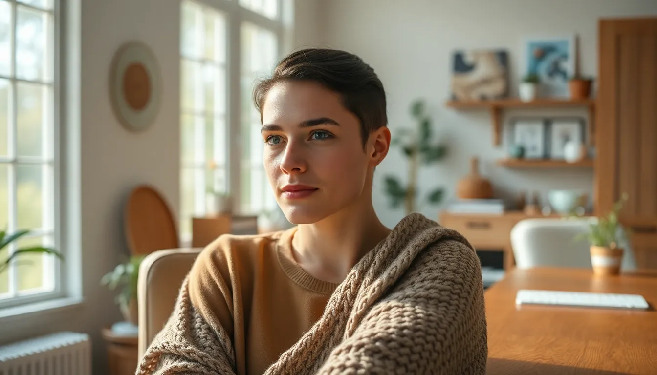 A serene remote work environment featuring a cozy home office bathed in soft natural light. A person sits at a polished wooden desk, focused on their laptop, exuding productivity and comfort. The warm tones of the knit blanket and earthy decor enhance the inviting atmosphere, while the blurred background adds depth to the scene. The composition draws the viewer's eye to the subject, creating a perfect balance of focus and tranquility.