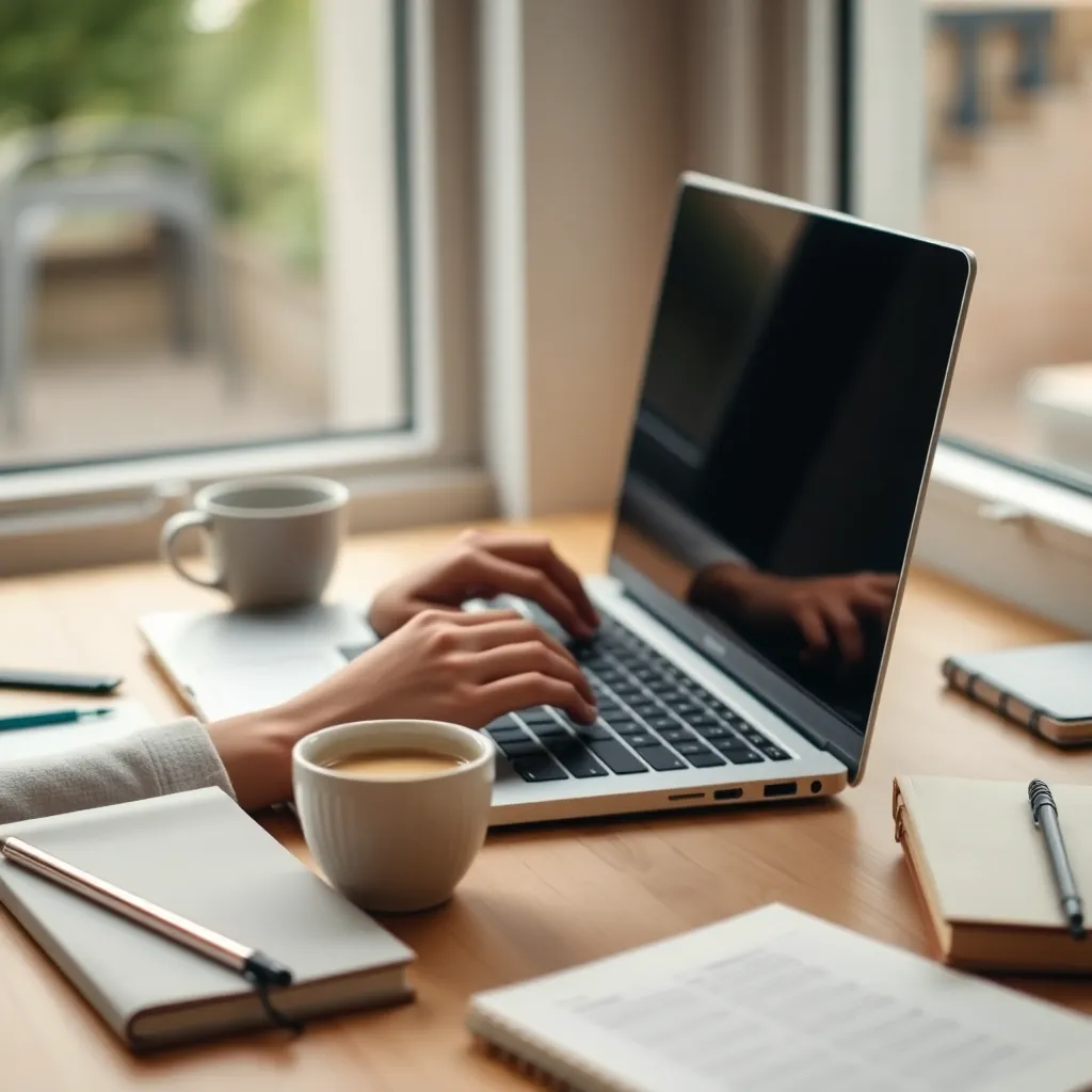 A close-up shot of a remote work session, featuring hands actively typing on a laptop, accompanied by coffee and notebooks. The warm light streaming in from the window enhances the inviting atmosphere, showcasing the tactile textures of the desk materials. This image captures the essence of productivity and comfort in remote work, making it ideal for portraying the work-from-home experience.