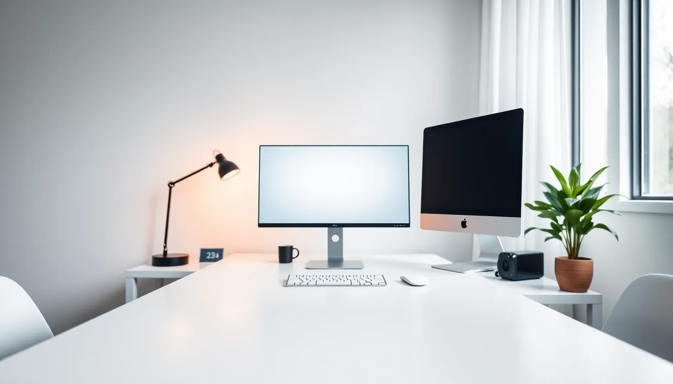 A beautifully arranged minimalist workspace featuring a pristine white desk and high-end computer setup. The lighting combines warm tungsten lamps with soft natural light, creating a harmonious blend. The composition emphasizes symmetry, drawing the eye to the sleek lines and surfaces, while a shallow depth of field gently blurs the background. This image captures the essence of modern remote work, focusing on simplicity and elegance.